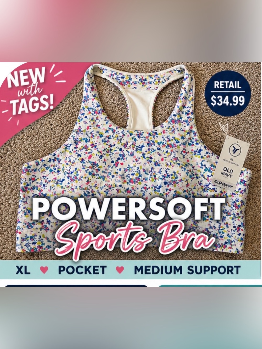 NWT Old Navy PowerSoft Sports Bra XL | Medium Support Racerback Pocket
